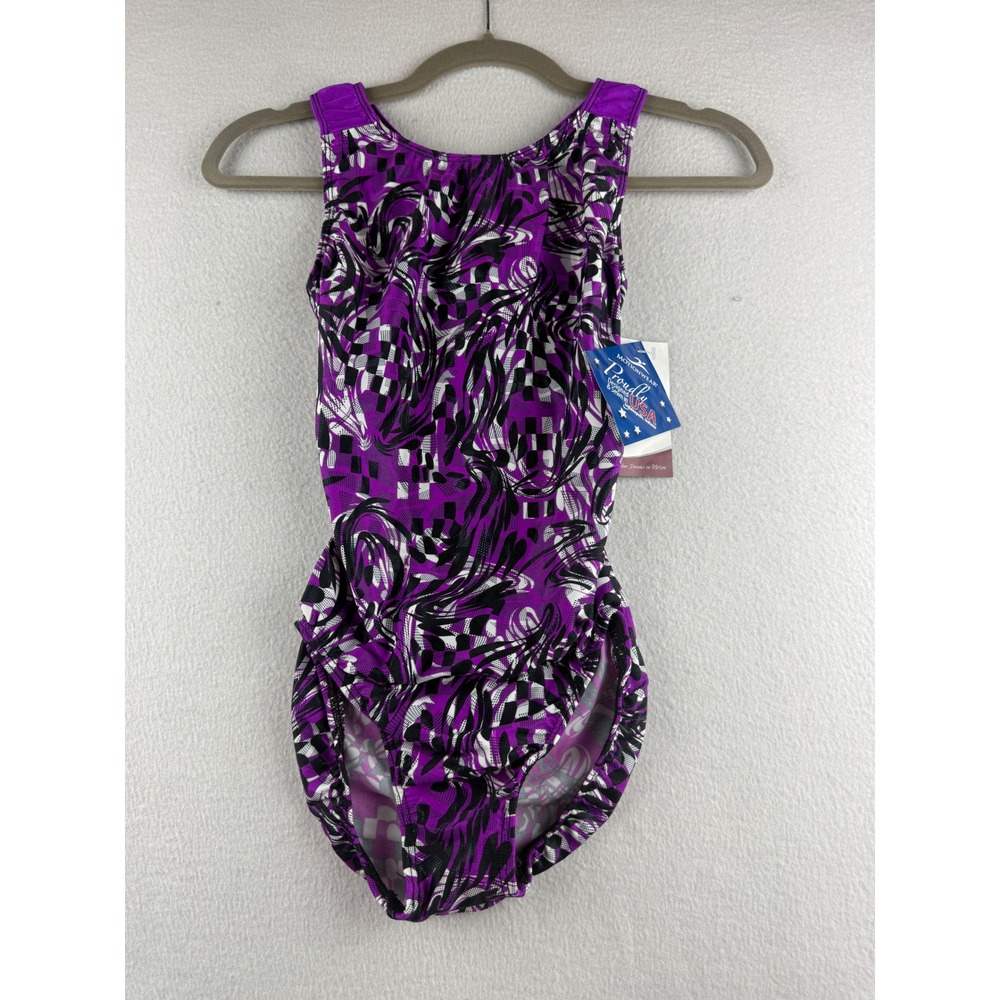 Motionwear Womens Purple Abstract Checkerboard T-Back Gymnastics Leotard 1537 L